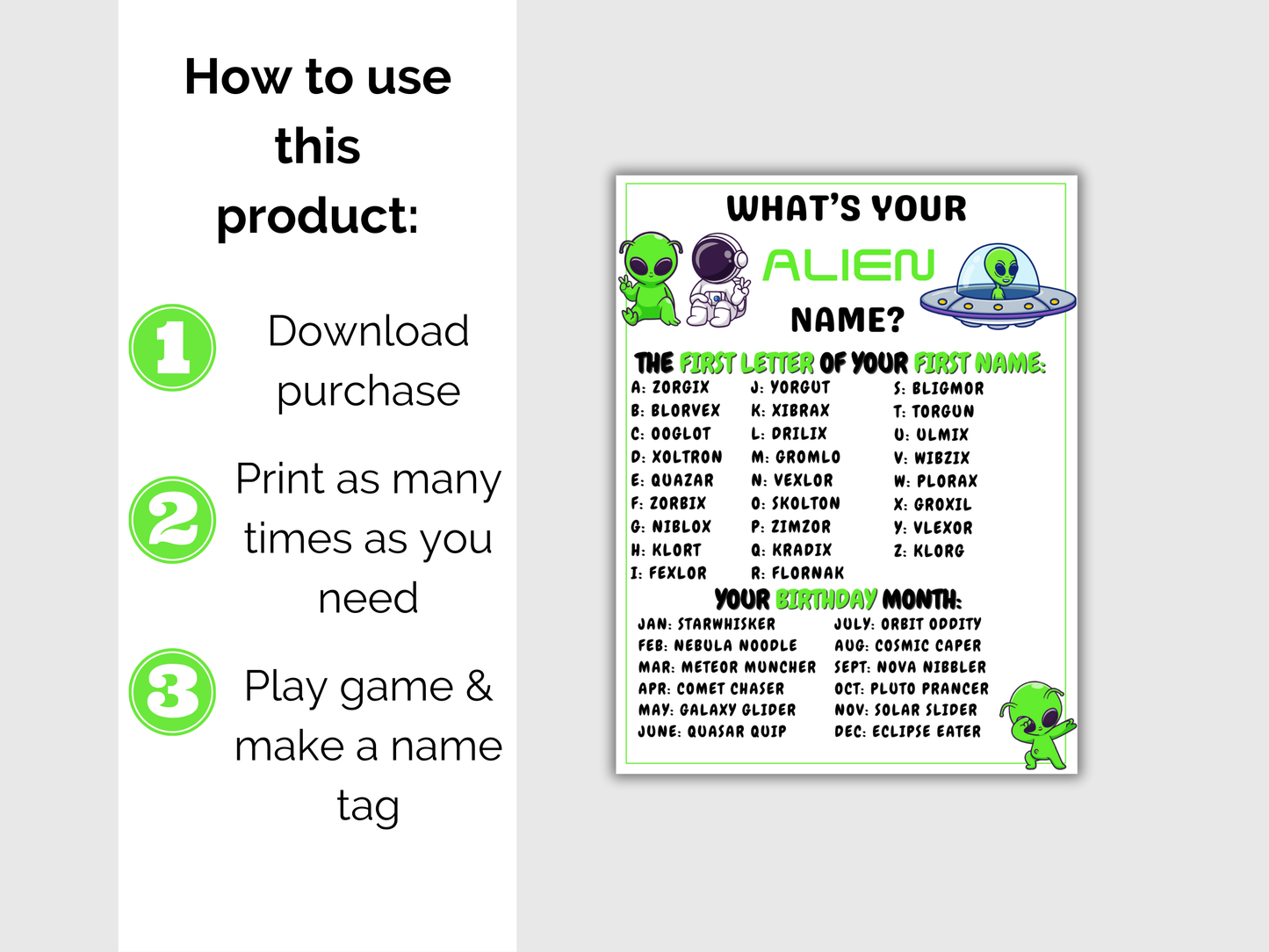 What's Your Alien Name Game + Name Tags