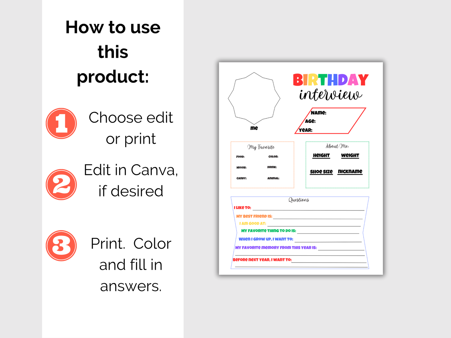 Editable All About Me Kids Birthday Interview