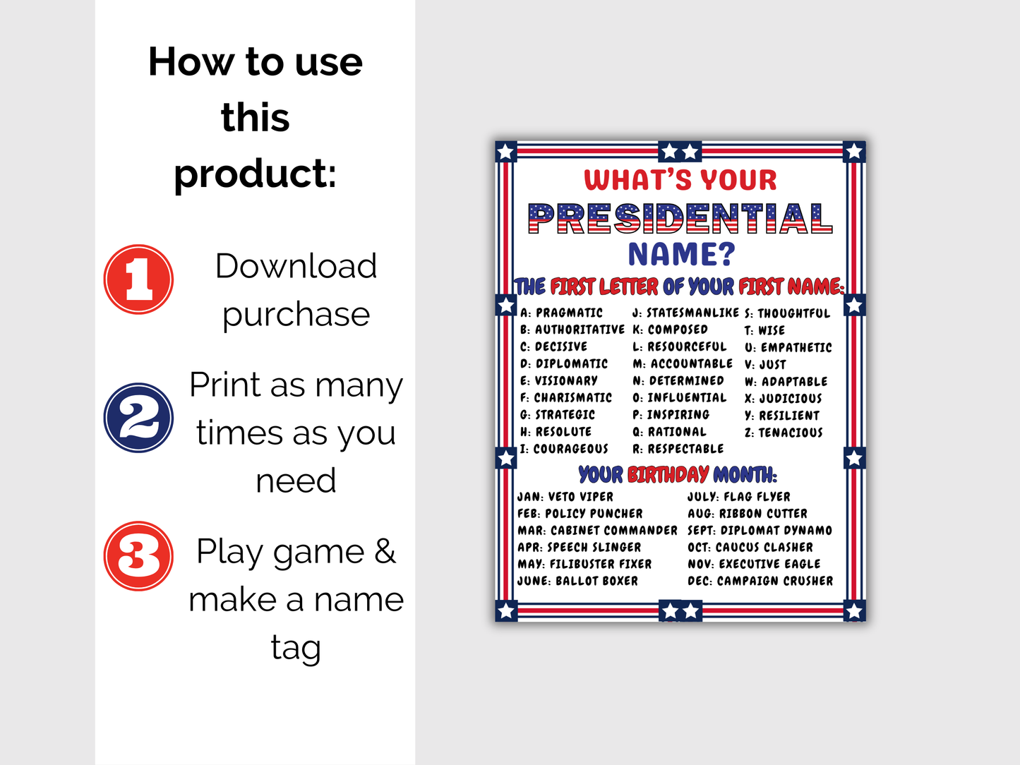 What's Your Presidential Name Game + Name Tags