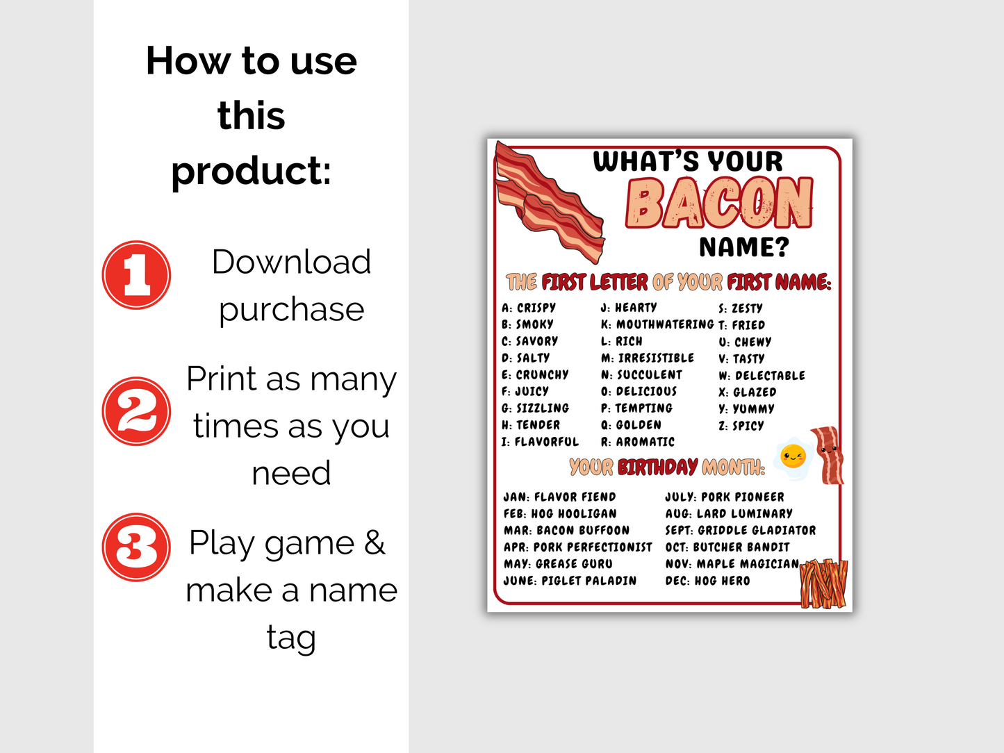 What's Your Bacon Name Game + Name Tags