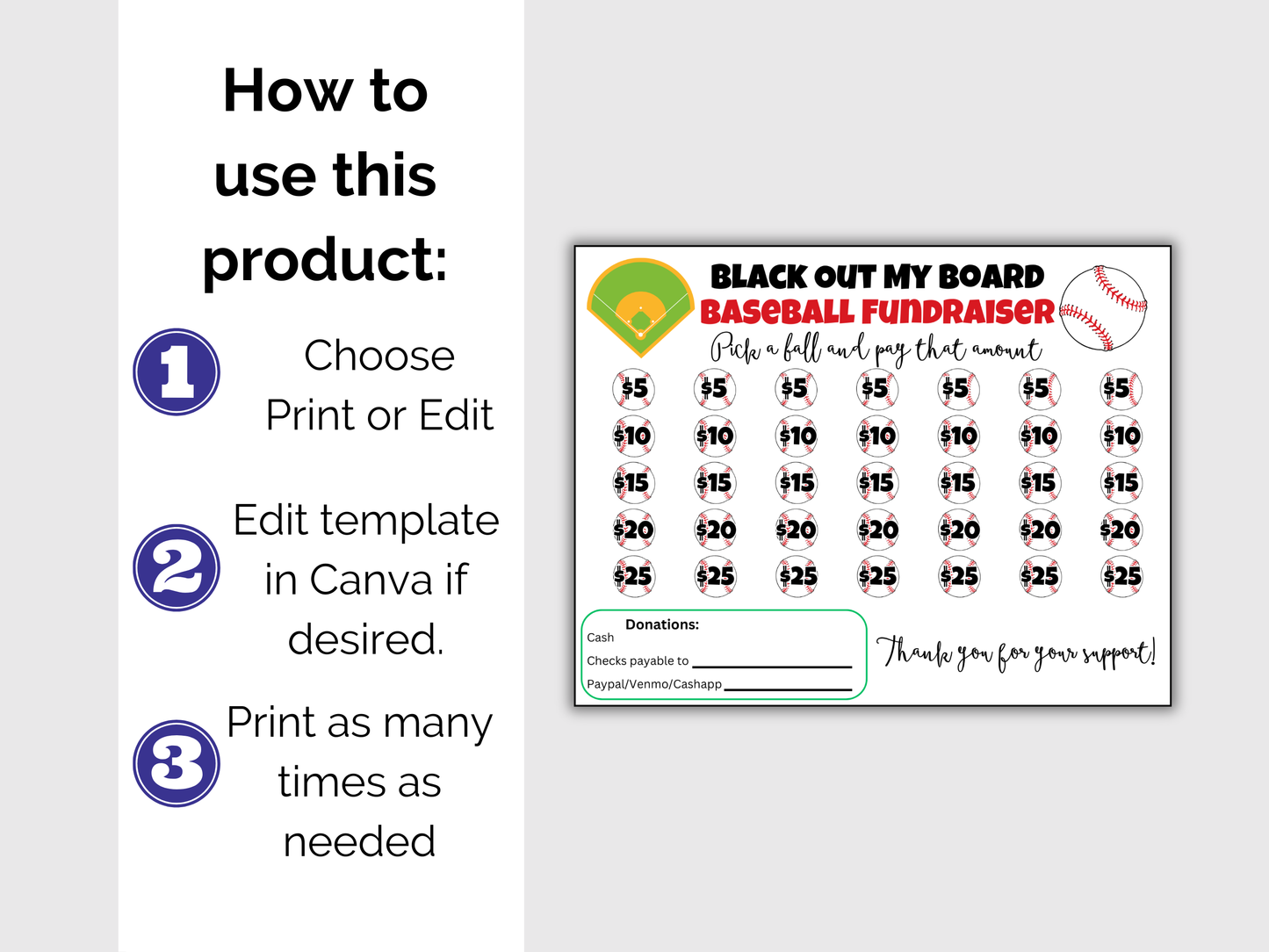 Editable Baseball Black Out My Board Fundraiser