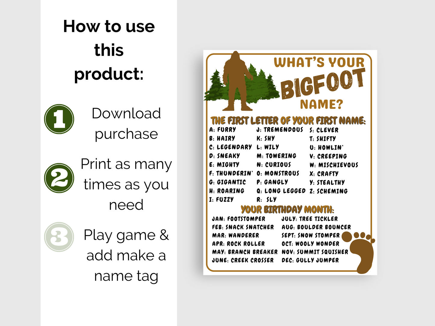 What's Your Bigfoot Name Game + Name Tags