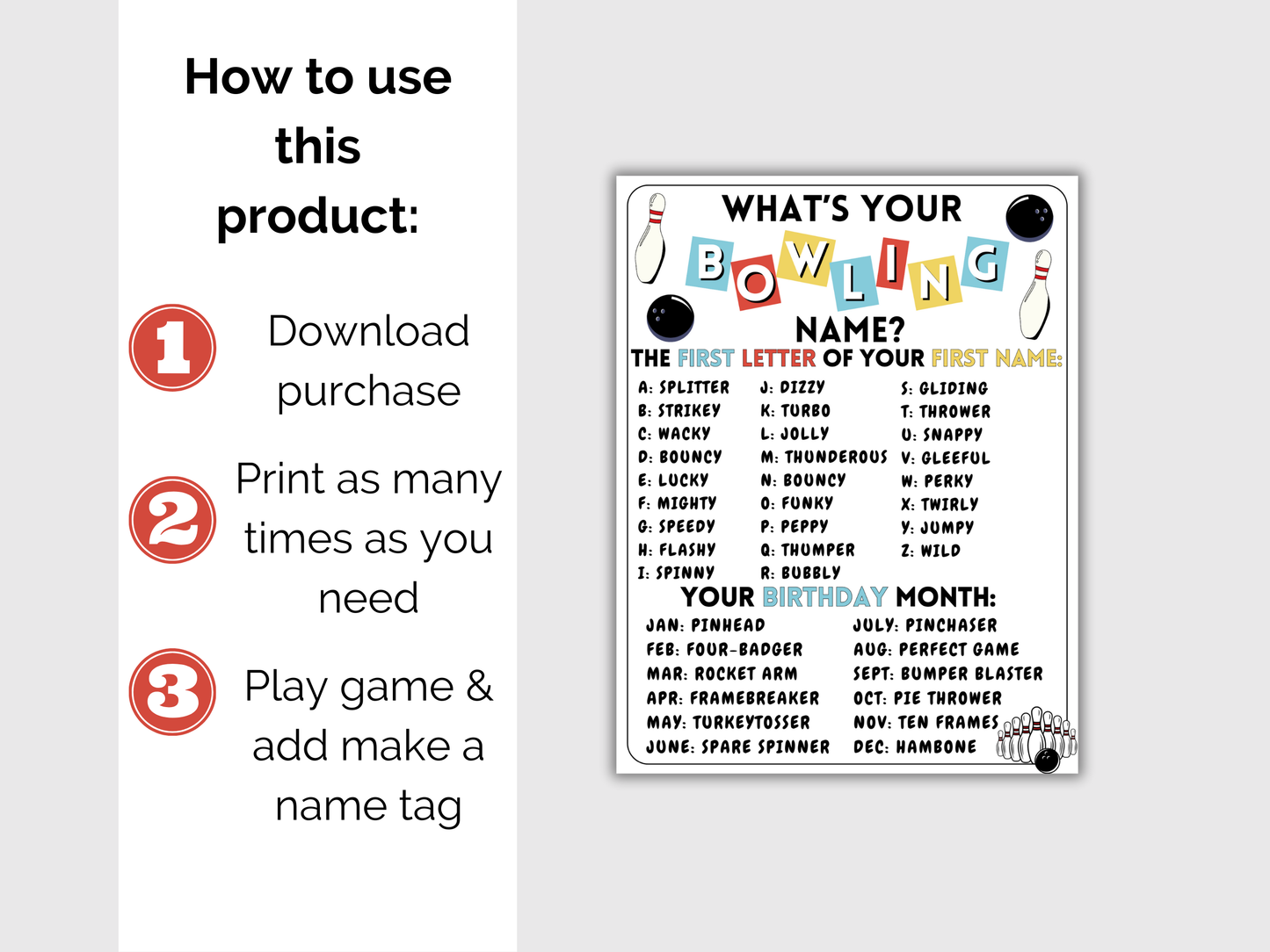 What's Your Bowling Name Game + Name Tags