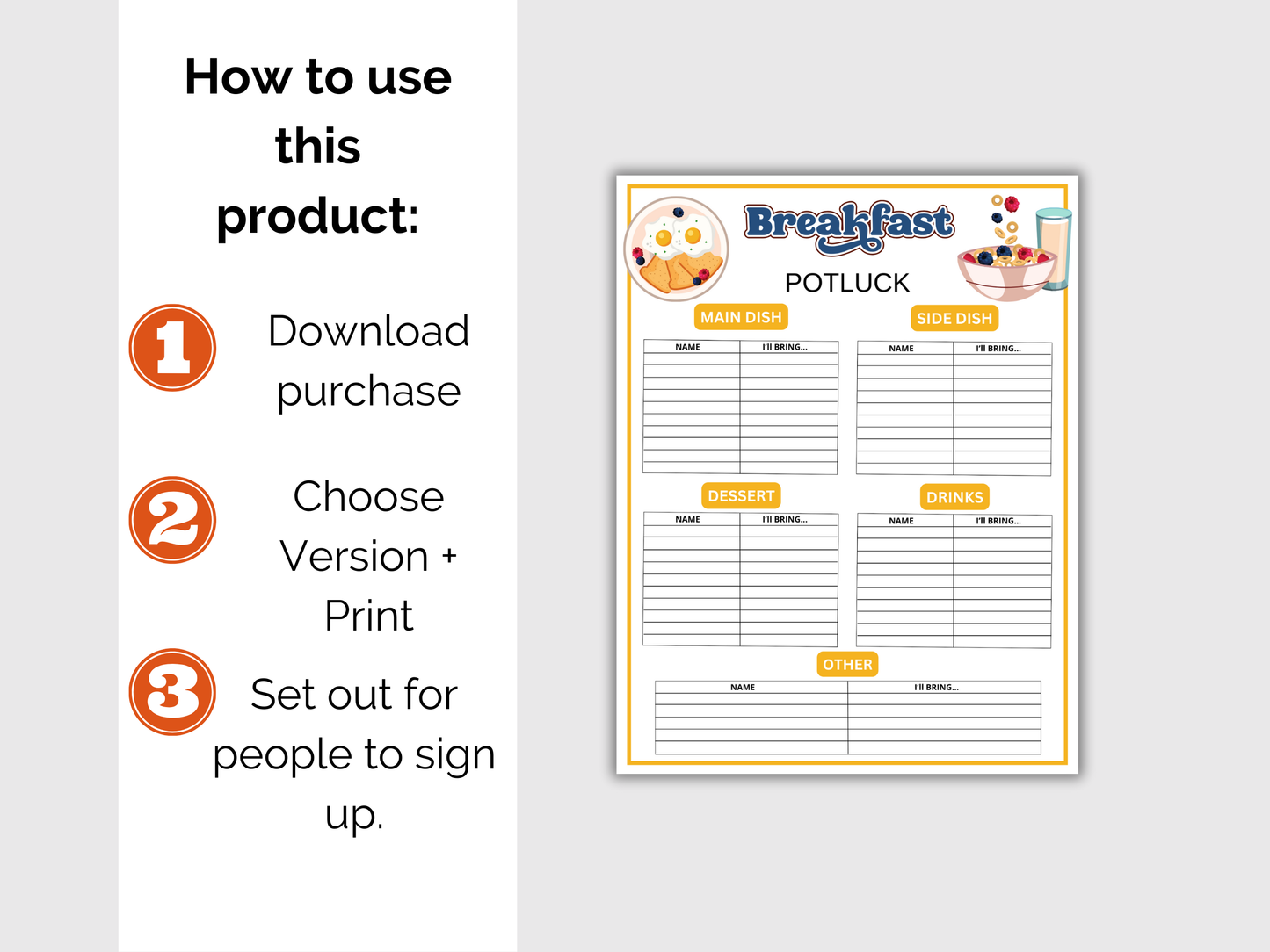 Breakfast Potluck Sign Up Sheet