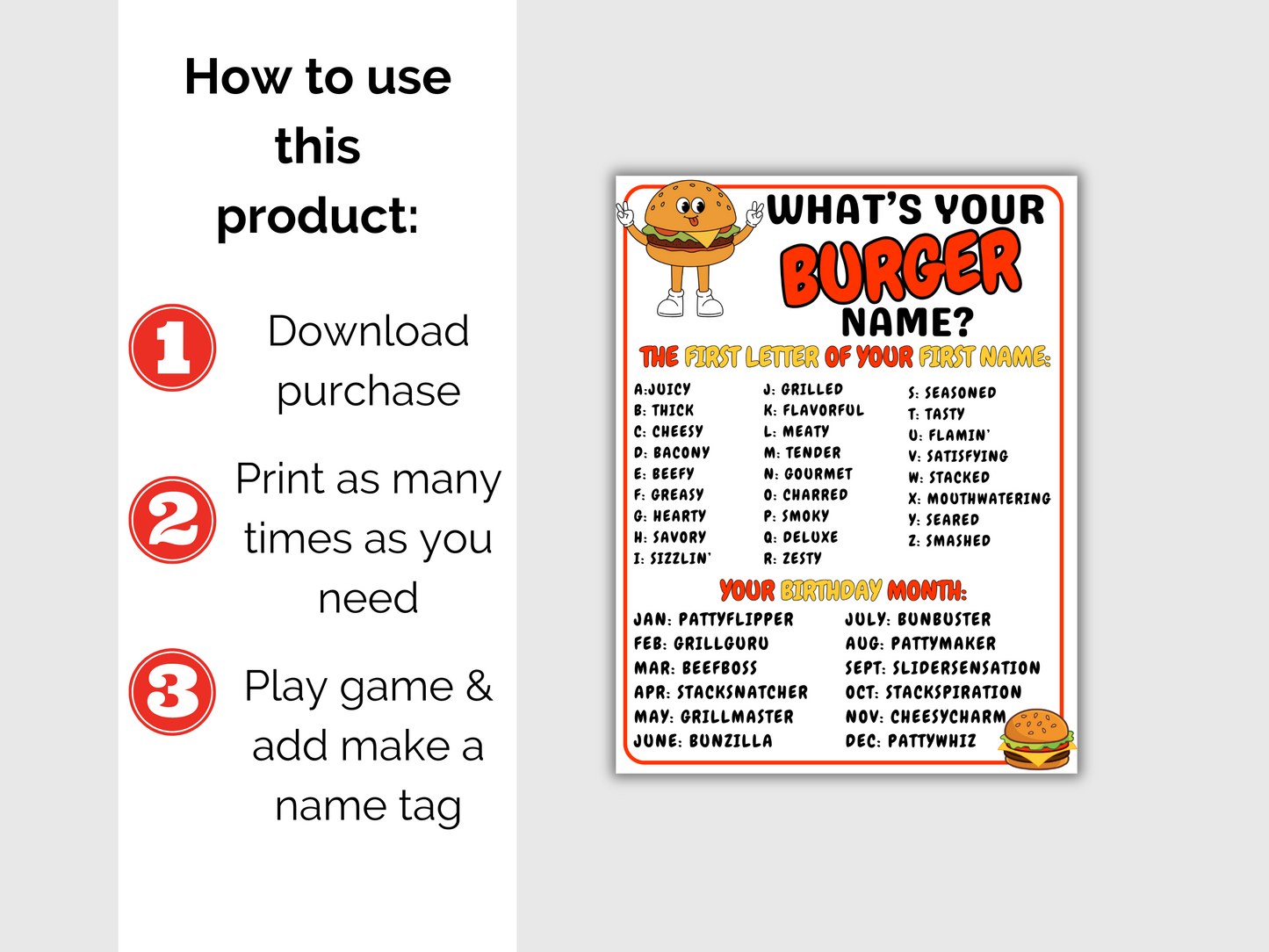 What's Your Burger Name Game + Name Tags