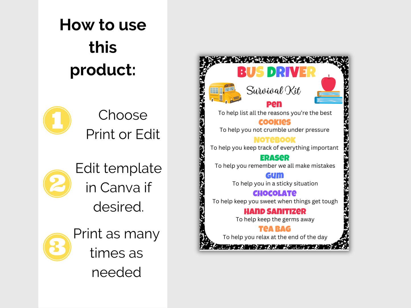 Editable Bus Driver Survival Kit Gift Tags