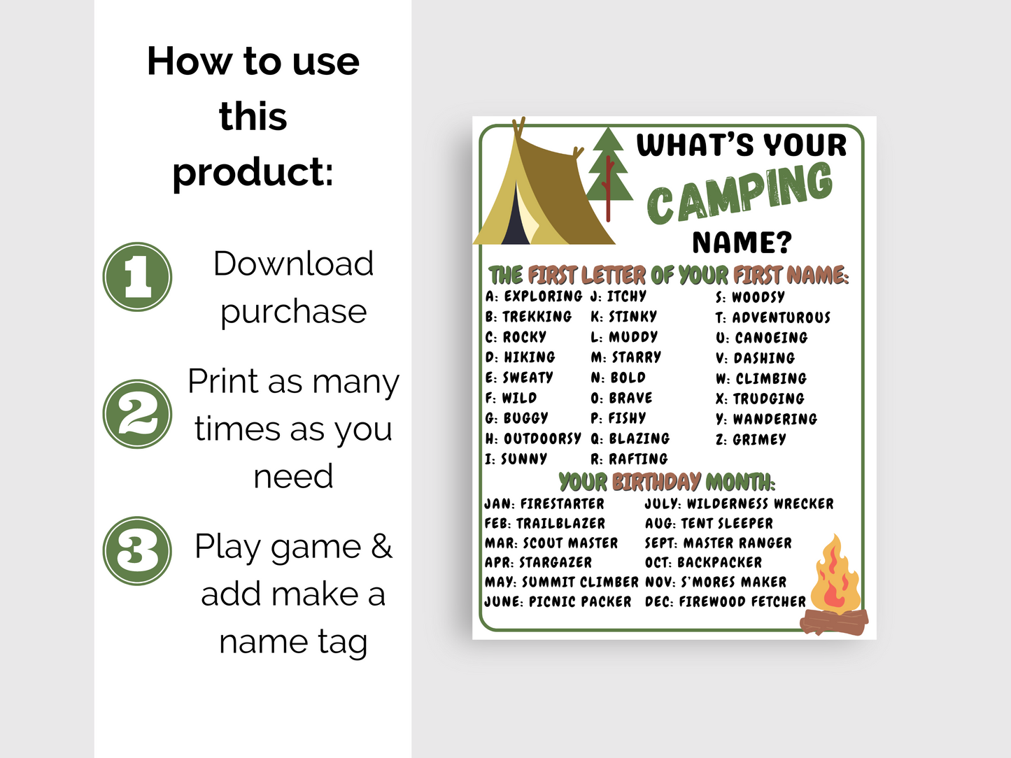 What's Your Camping Name Game + Name Tags