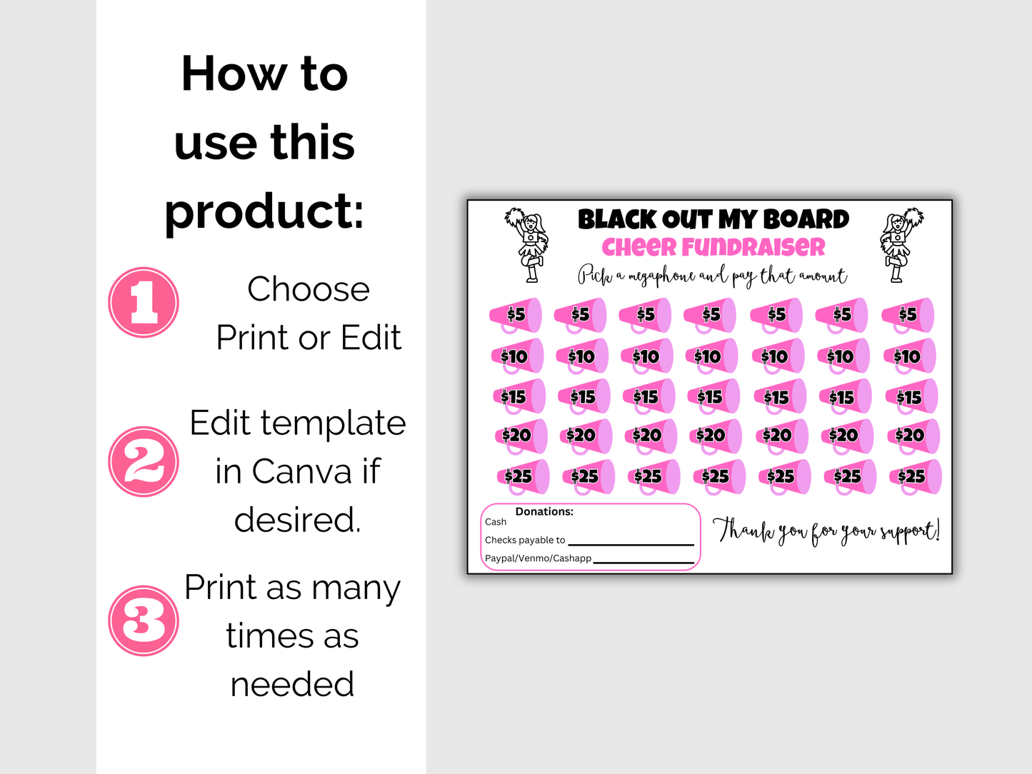 Editable Cheer Black Out My Board Fundraiser