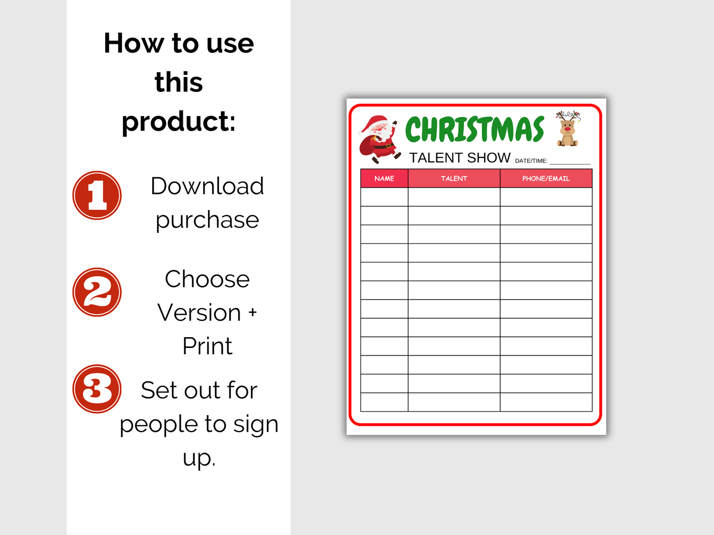 Christmas Talent Show Sign Up Sheet