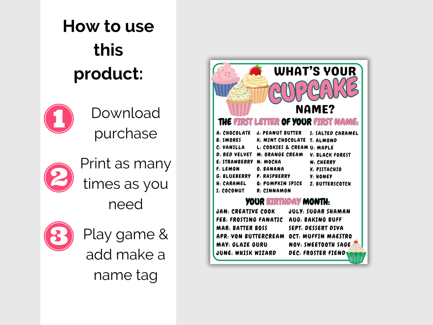 What's Your Cupcake Name Game + Name Tags