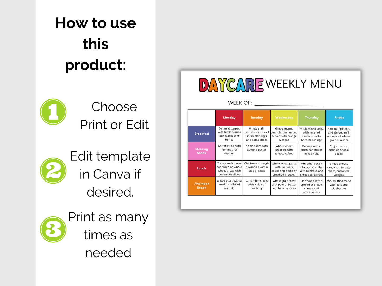 Editable Home Daycare Weekly Menu