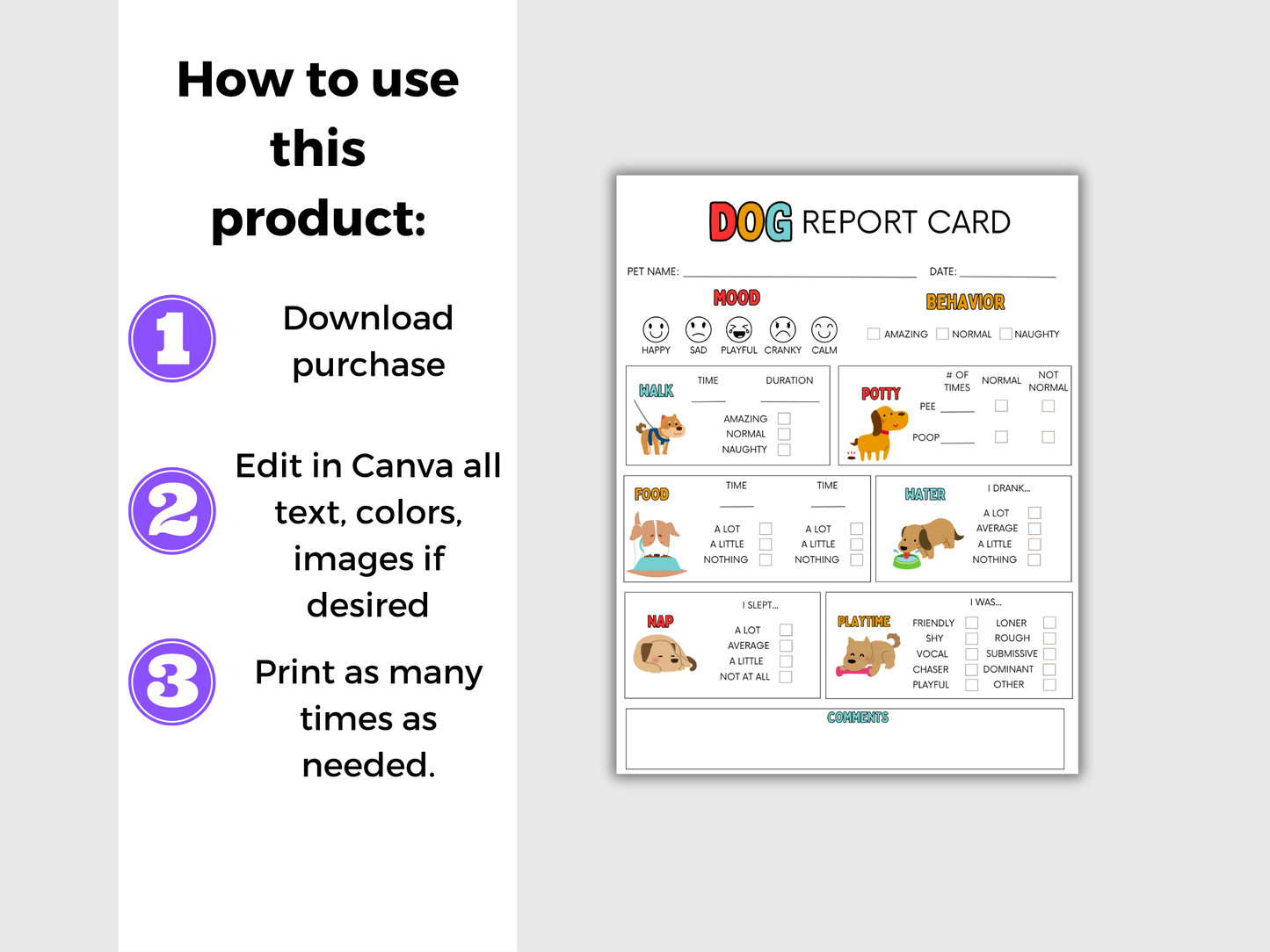EDITABLE Dog Report Card