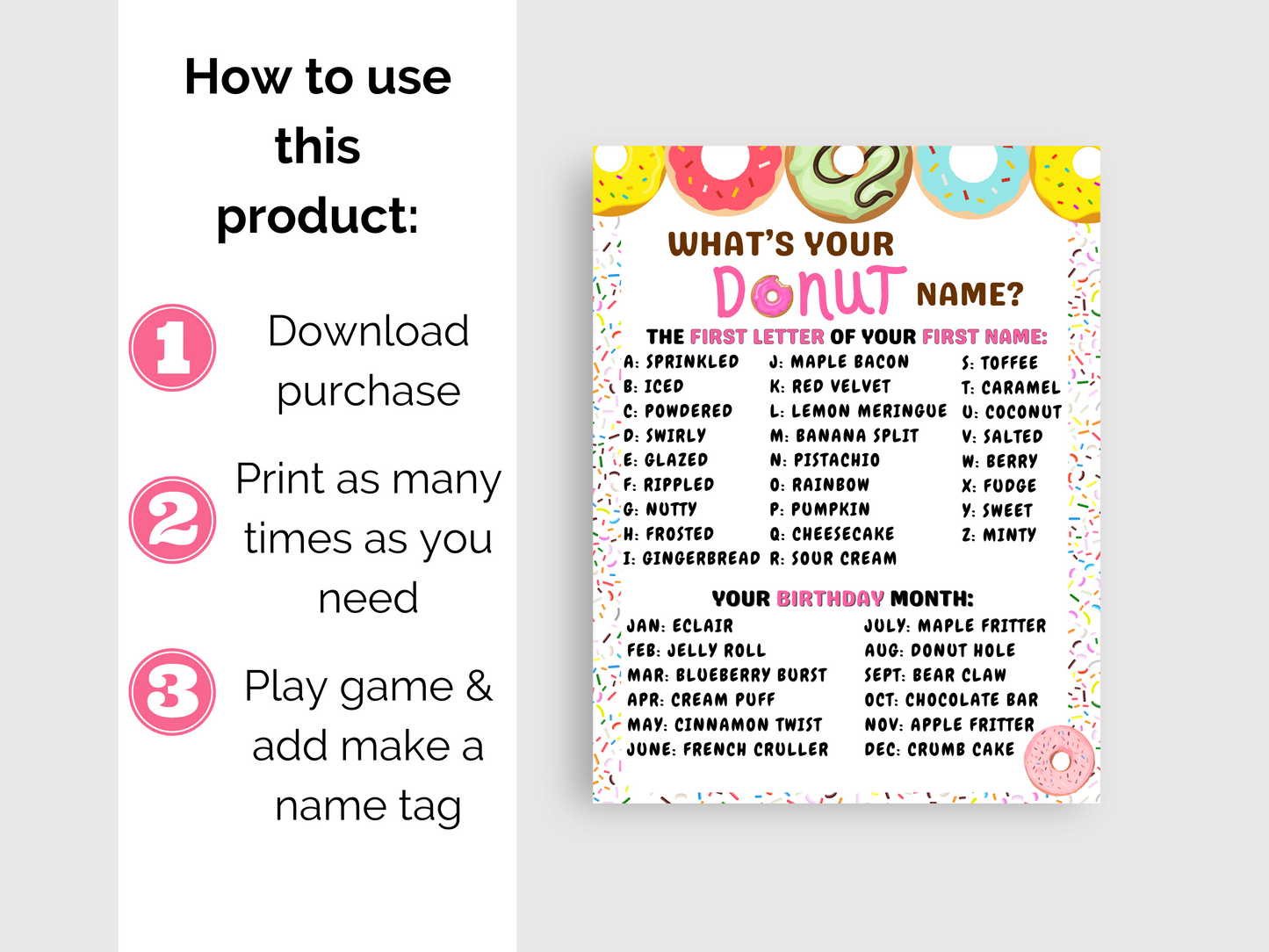 What's Your Donut Name Game + Name Tags