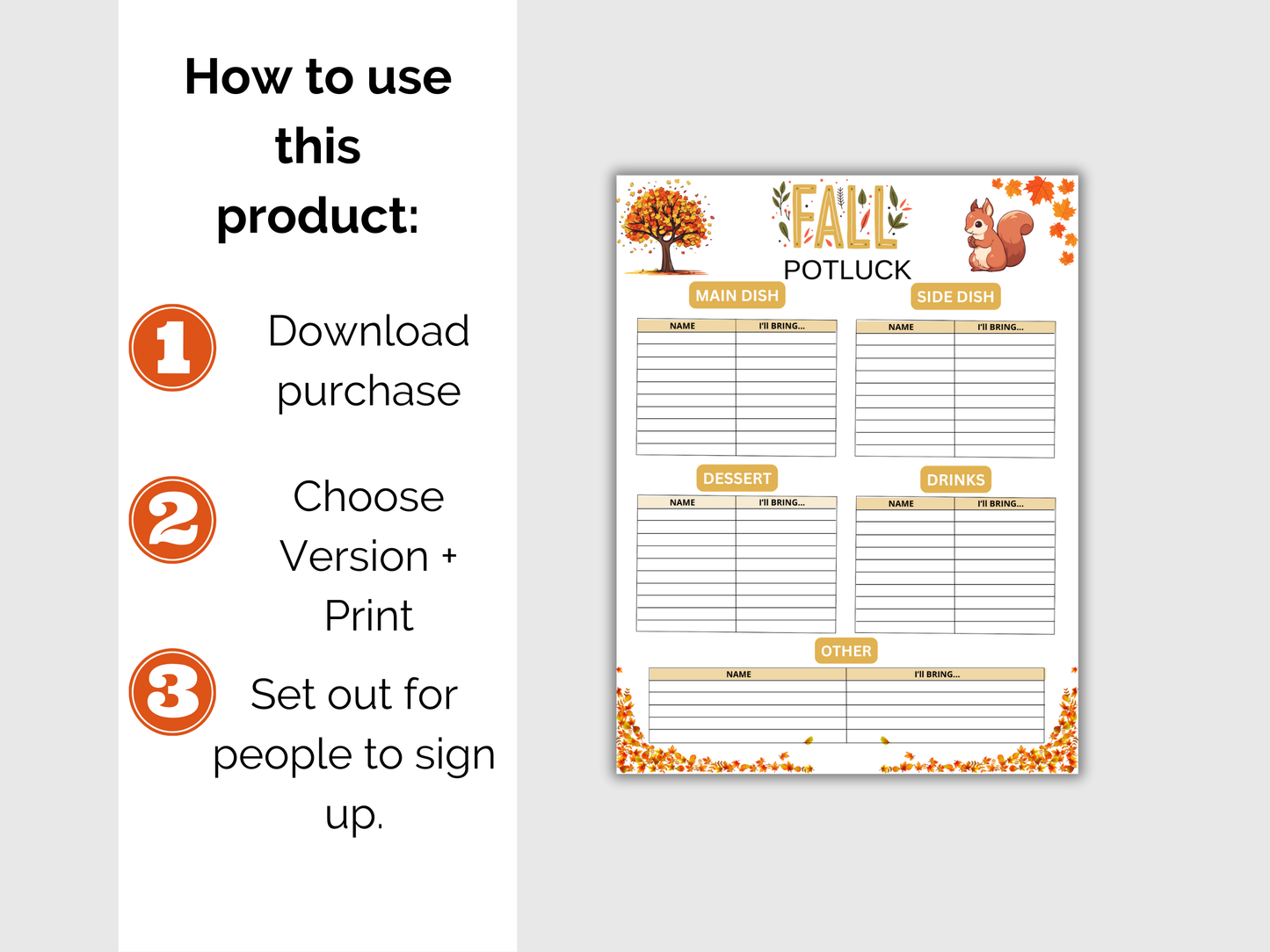 Fall Potluck Sign Up Sheet