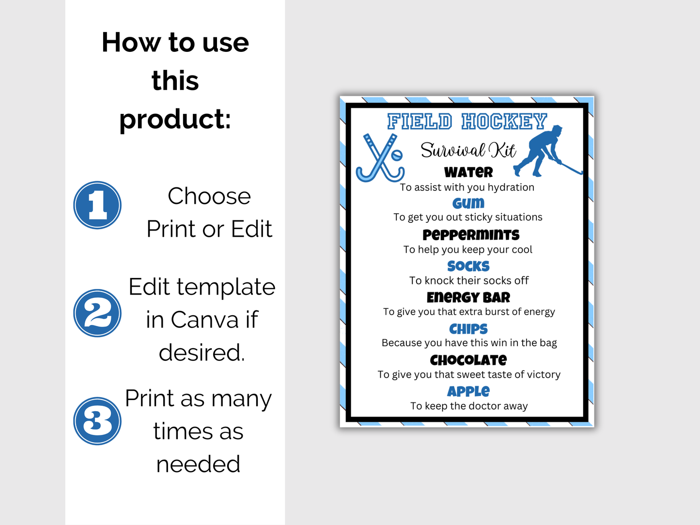Editable Field Hockey Survival Kit Gift Tag Template