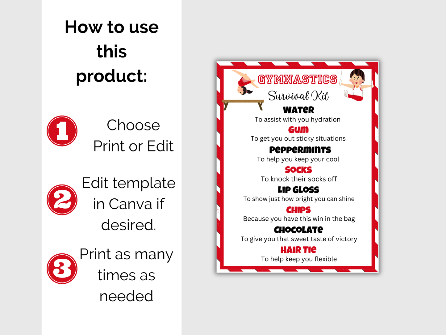 Editable Gymnastics Survival Kit Gift Tag Template