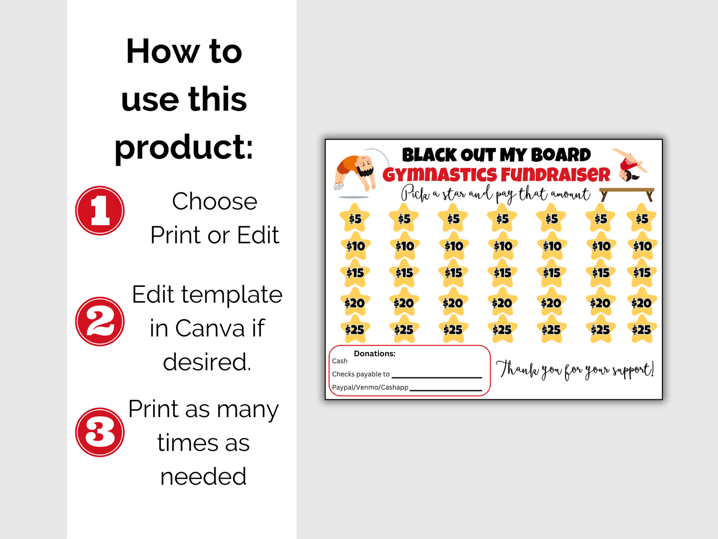 Editable Gymnastics Black Out My Board Fundraiser