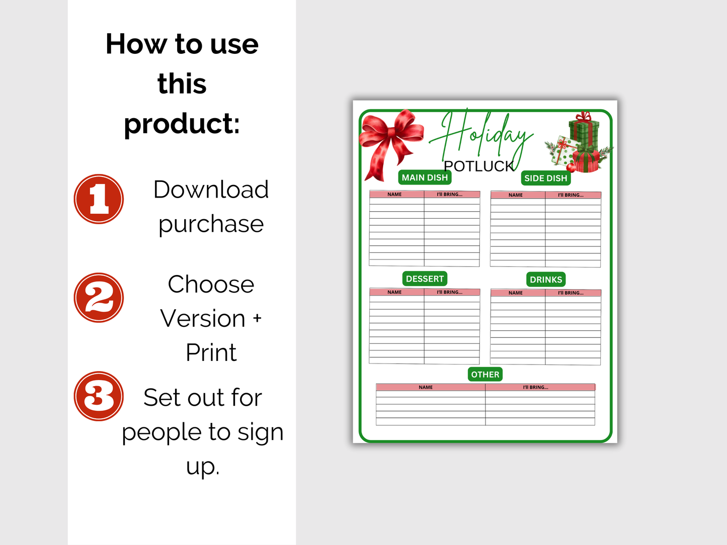 Holiday Potluck Sign Up Sheet