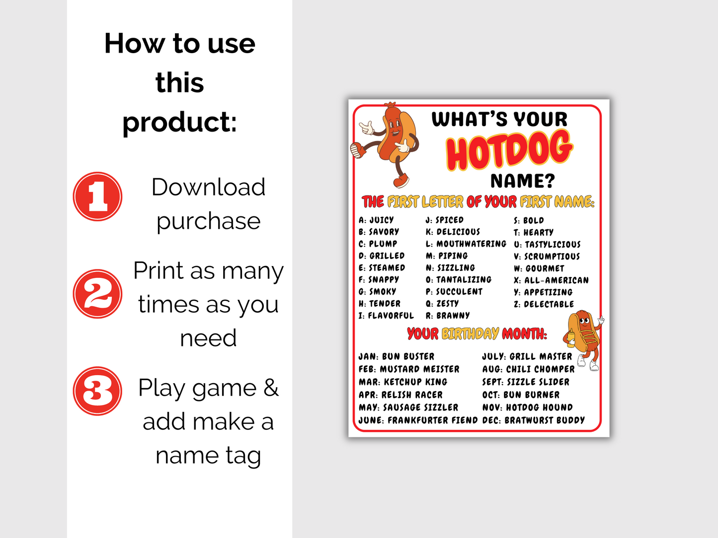 What's Your Hot Dog Name Game + Name Tags