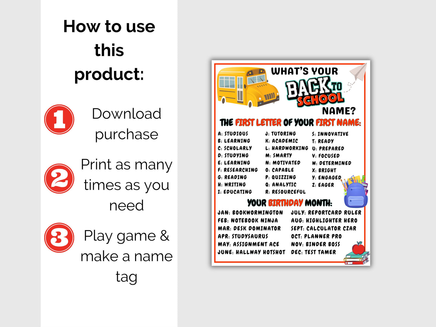What's Your Back to School Name Game + Name Tags