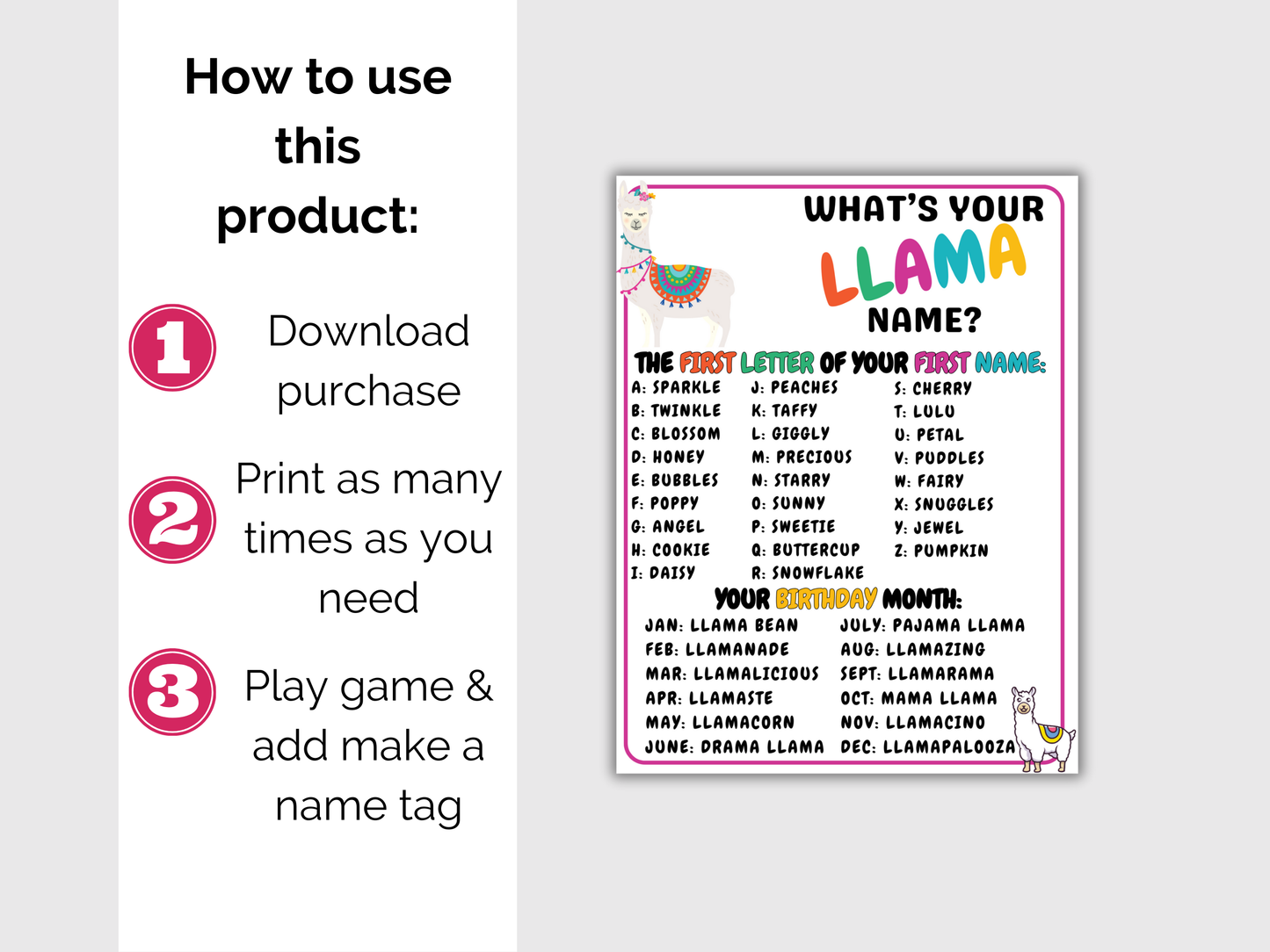 What's Your Llama Name Game + Name Tags
