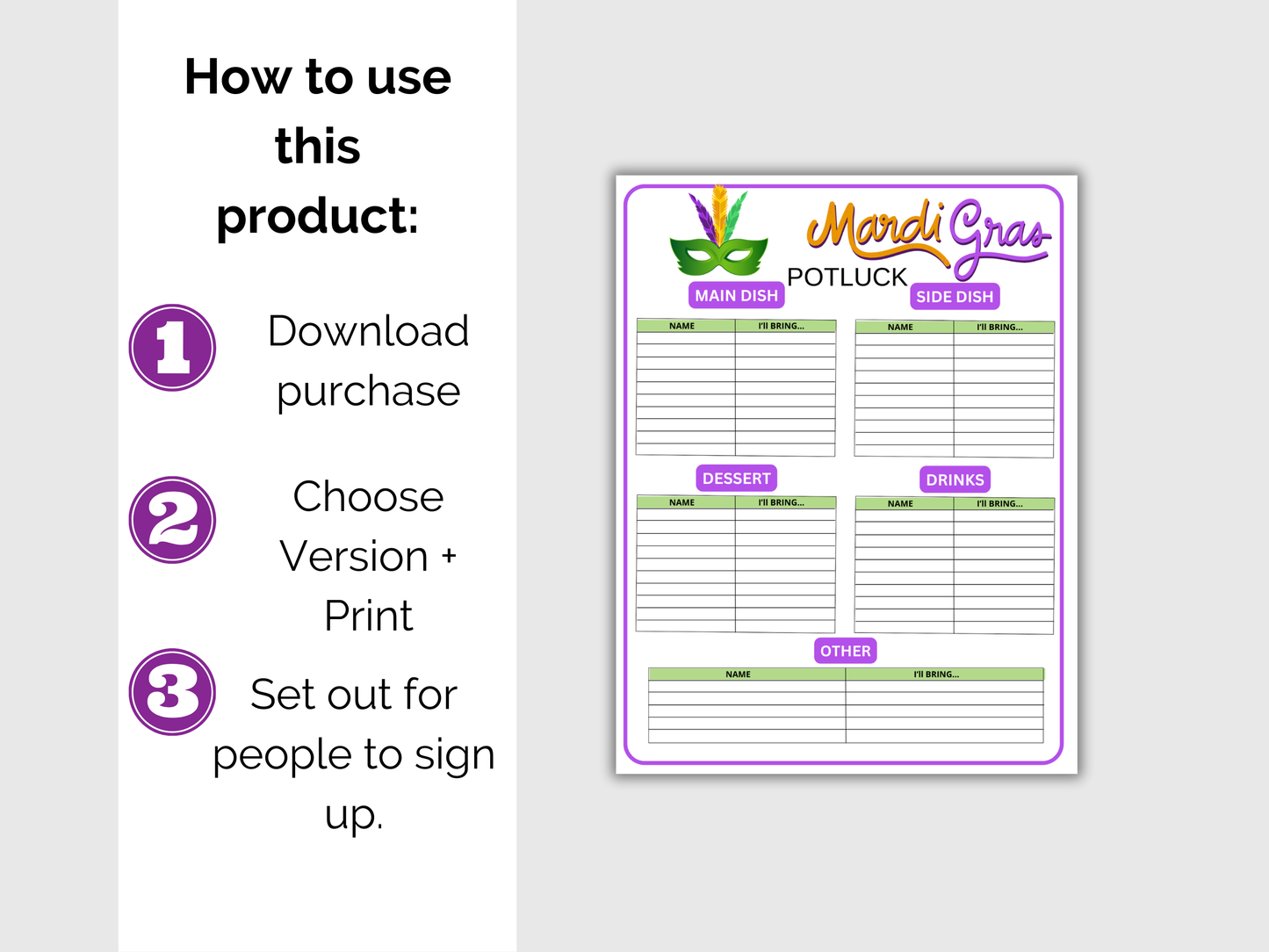 Mardi Gras Potluck Sign Up Sheet