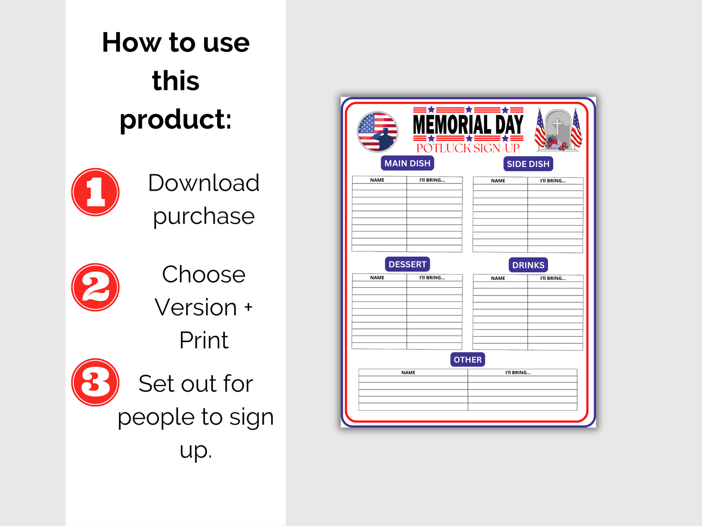 Memorial Day Potluck Sign Up Sheet