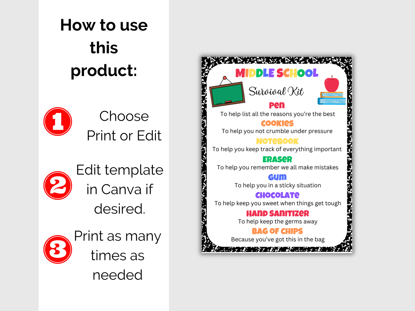 Editable Middle School Survival Kit Gift Tags