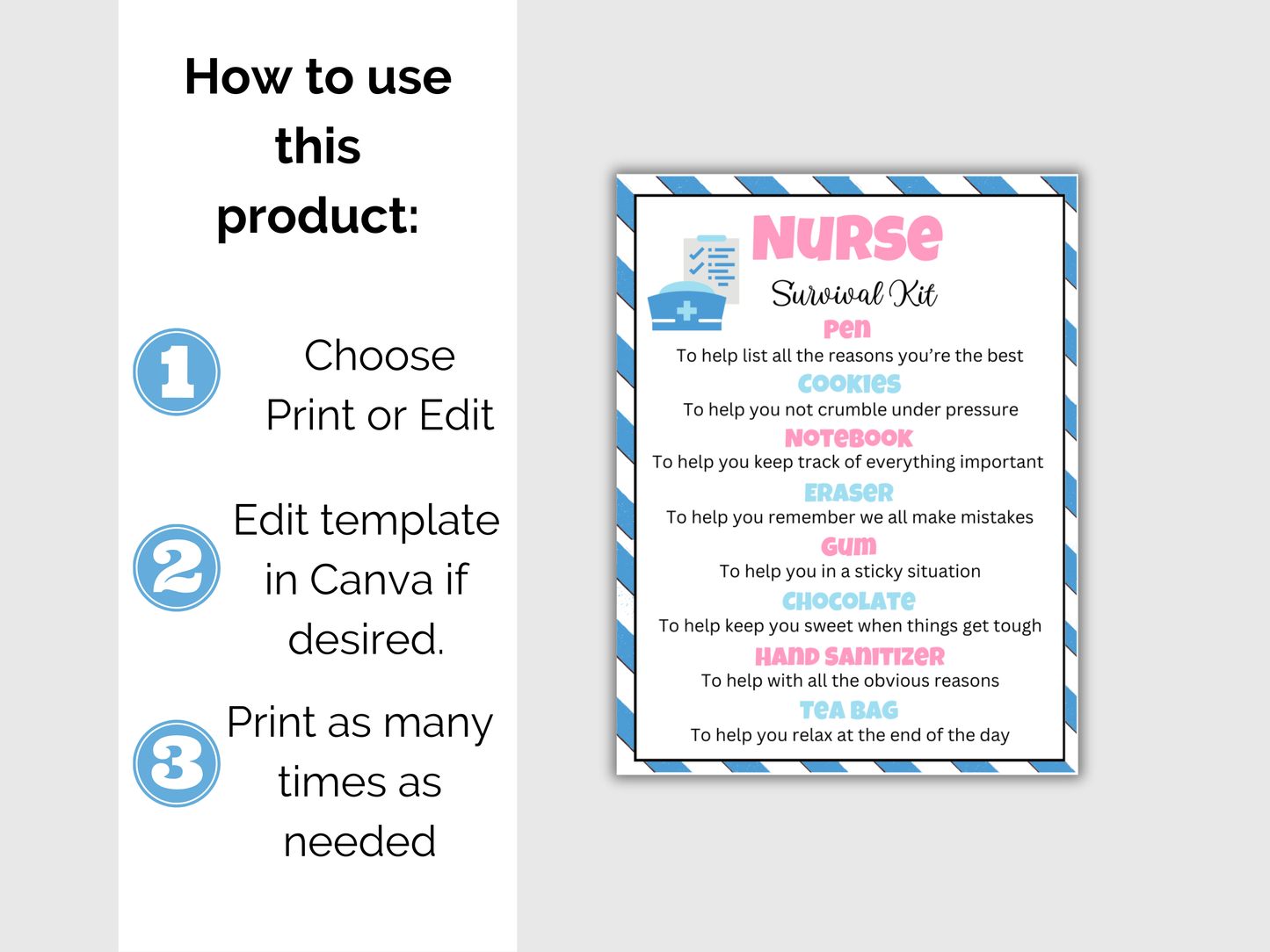 Editable Nurse Survival Kit Gift Tags