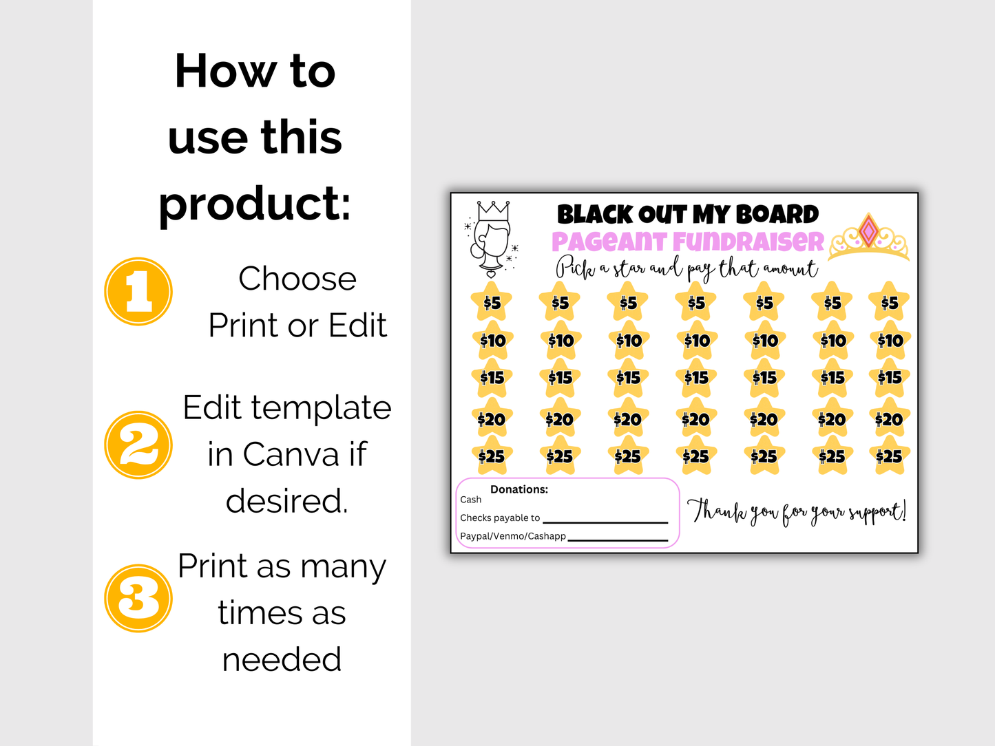 Editable Pageant Black Out My Board Fundraiser