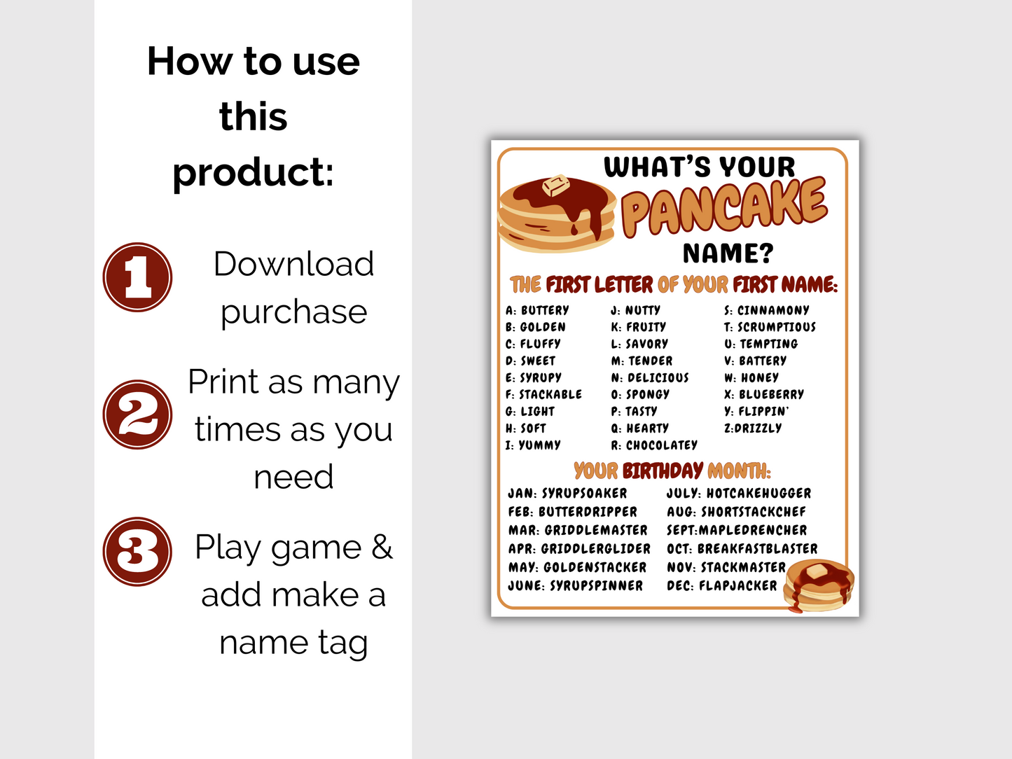 What's Your Pancake Name Game + Name Tags