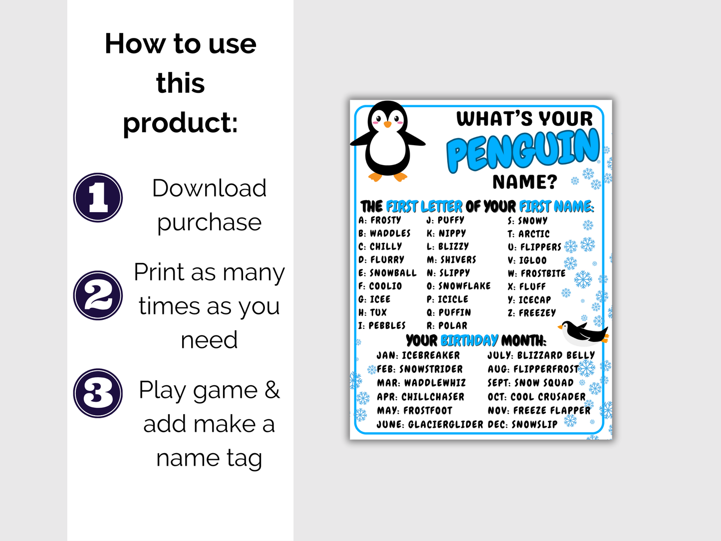 What's Your Penguin Name Game + Name Tags