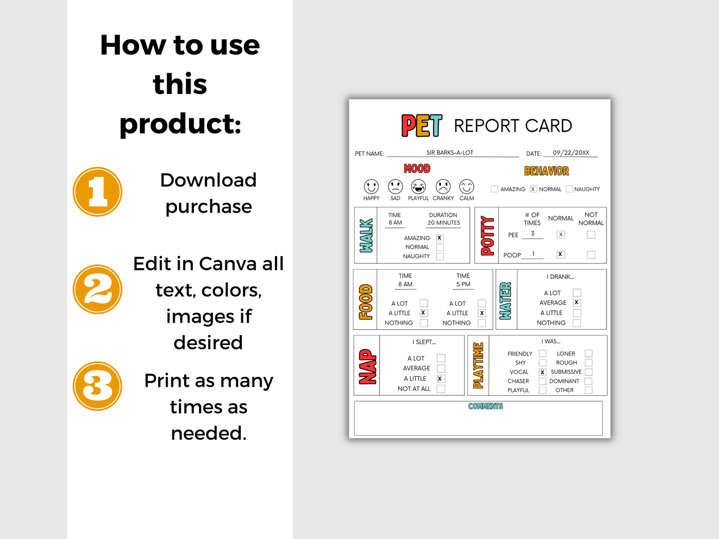 EDITABLE Pet Report Card