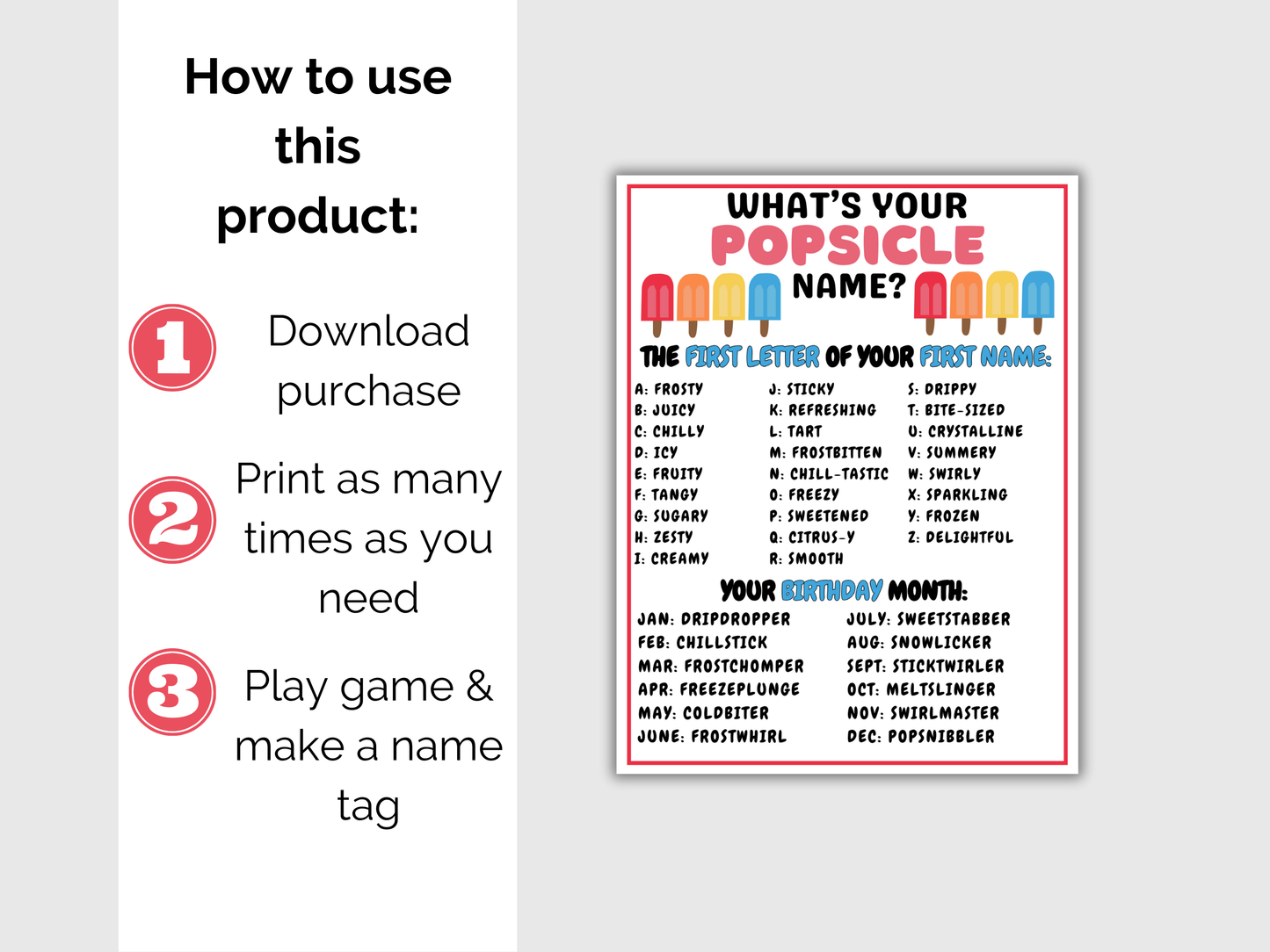 What's Your Popsicle Name Game + Name Tags