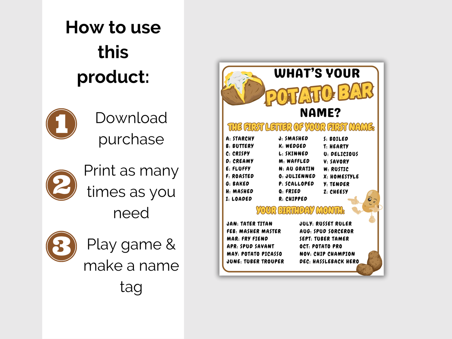 What's Your Potato Name Game + Name Tags