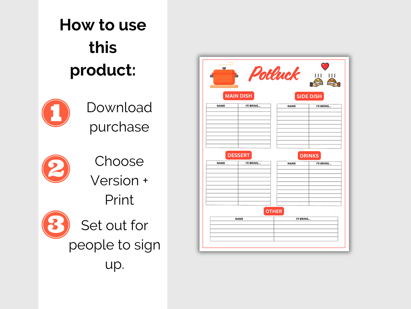 Potluck Sign Up Sheet