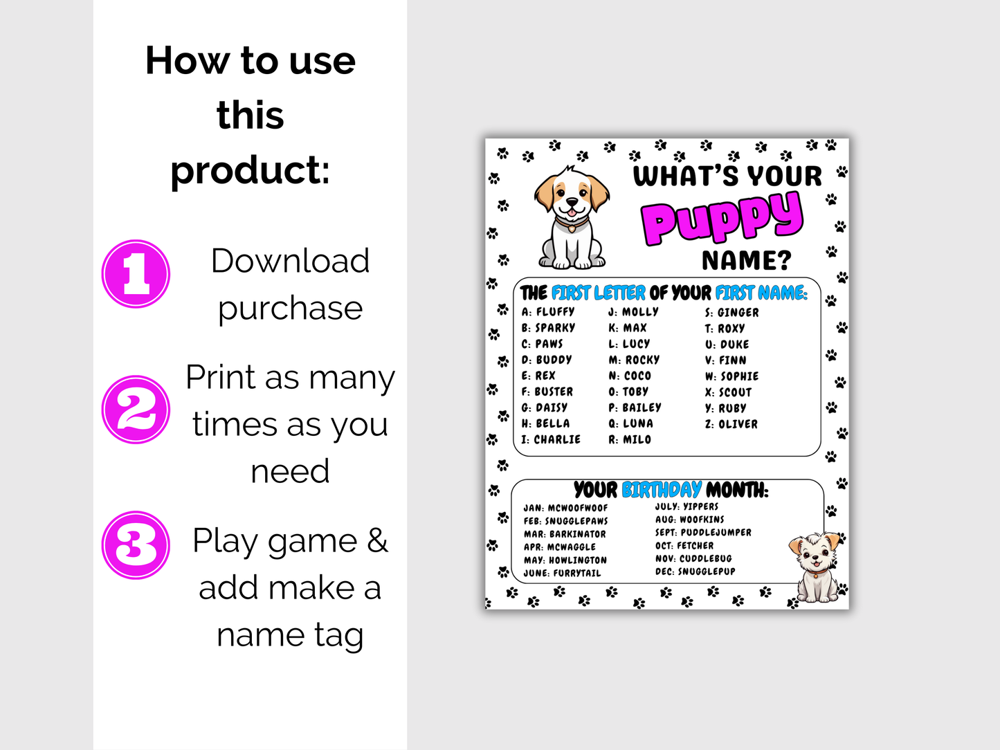 What's Your Puppy Name Game + Name Tags