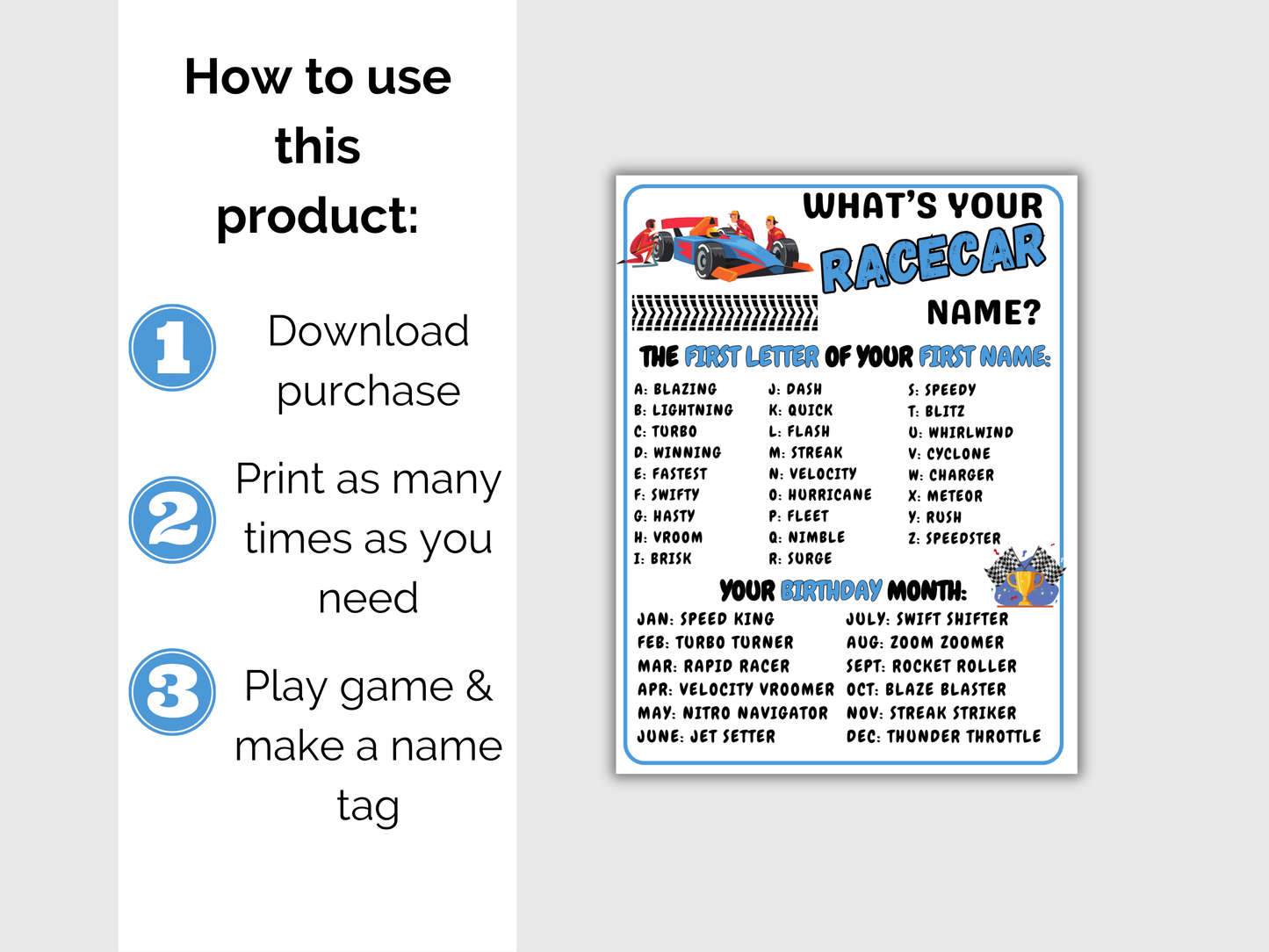 What's Your Race Car Name Game + Name Tags