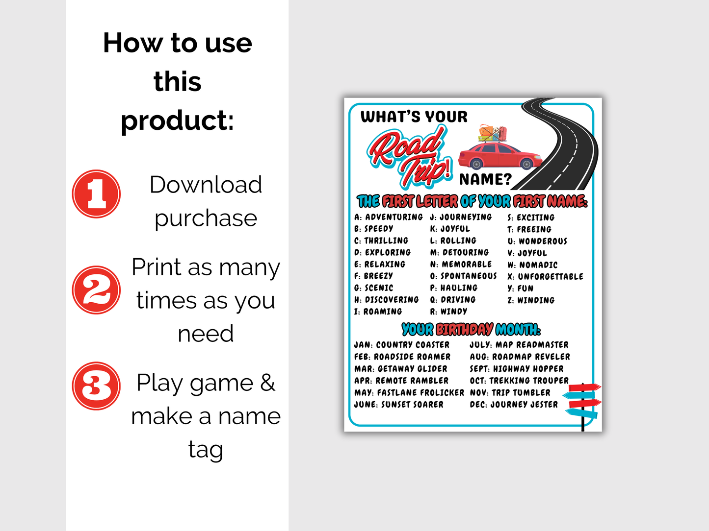 What's Your Road Trip Name Game + Name Tags