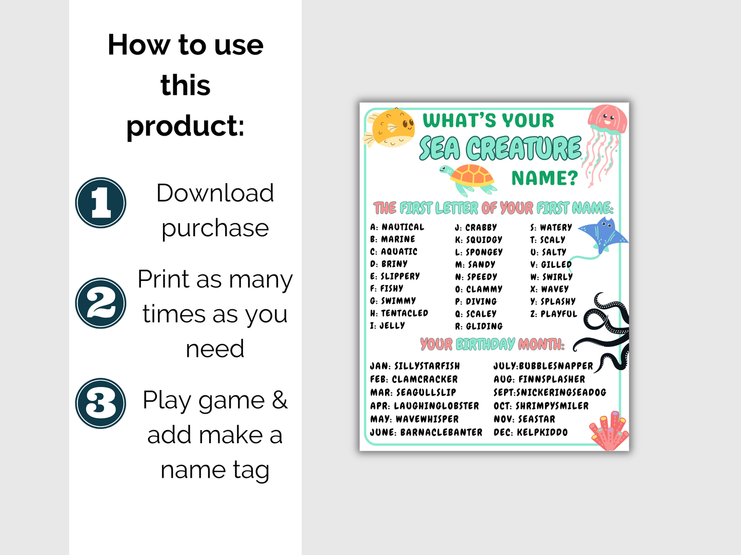 What's Your Sea Creature Name Game + Name Tags