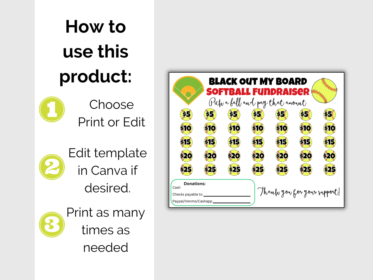 Editable Softball Black Out My Board Fundraiser