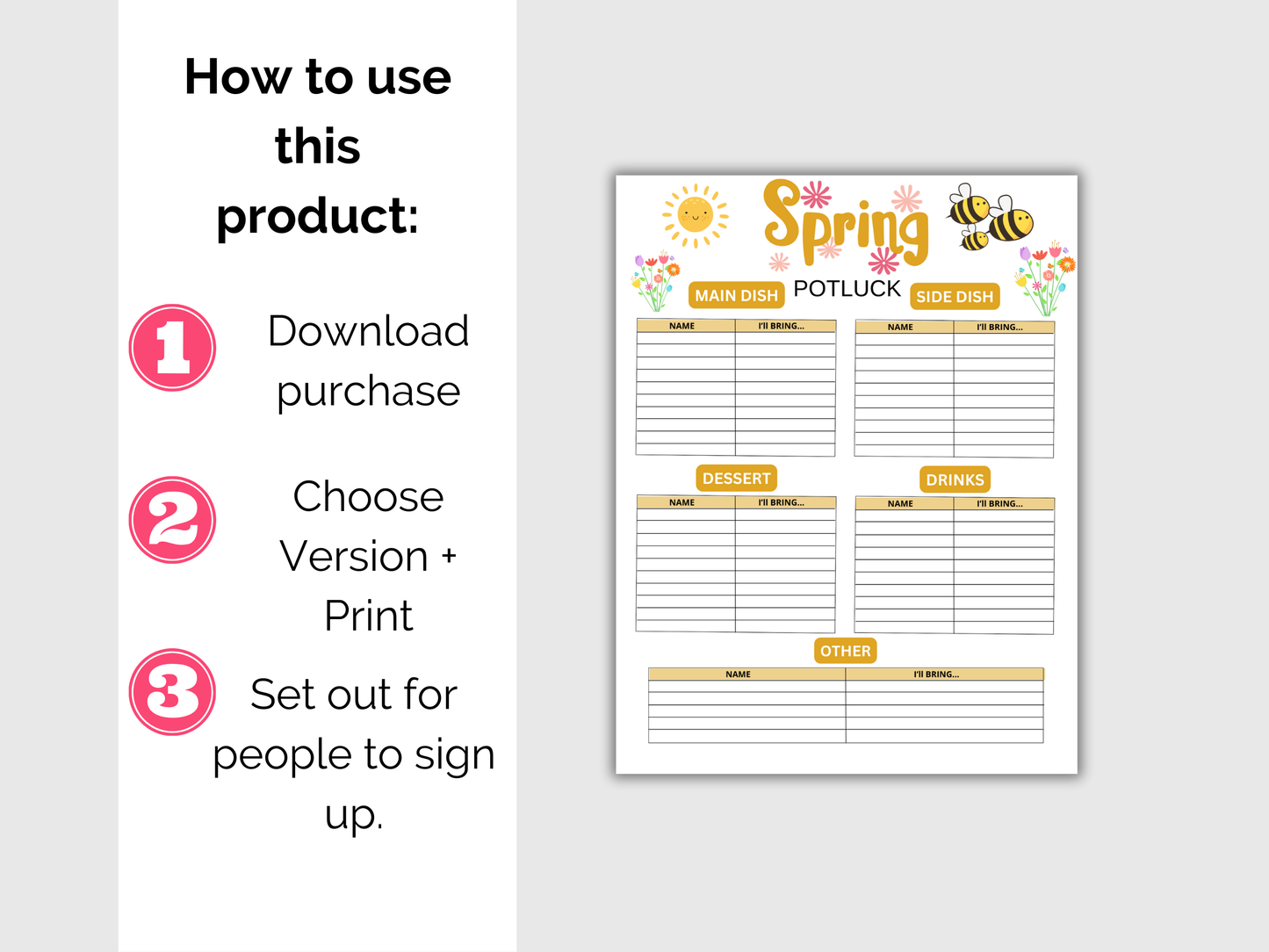 Spring Potluck Sign Up Sheet
