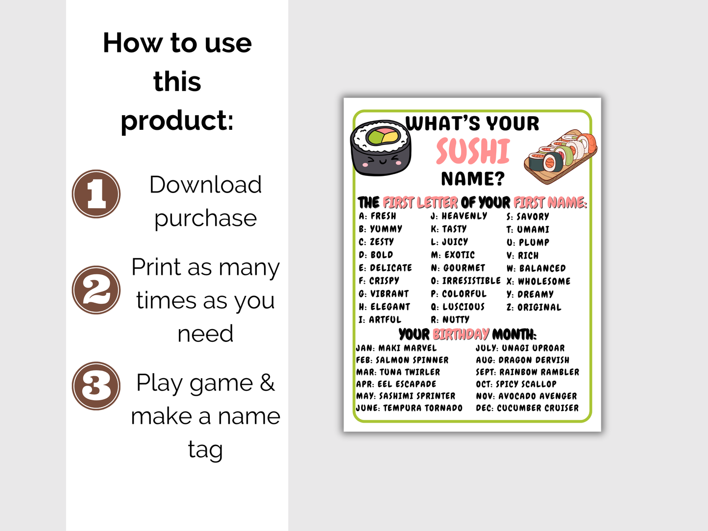 What's Your Sushi Name Game + Name Tags