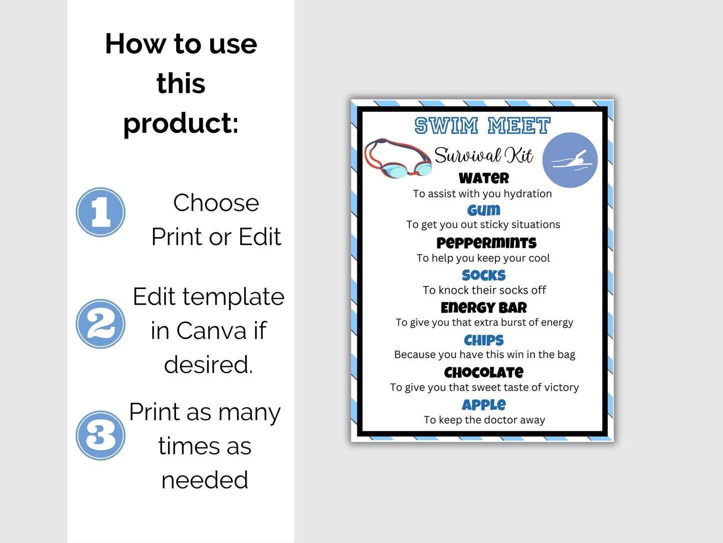 Editable Swim Team Survival Kit Gift Tag Template