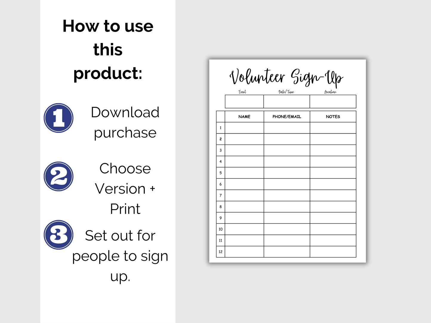 Volunteer Sign Up Sheet