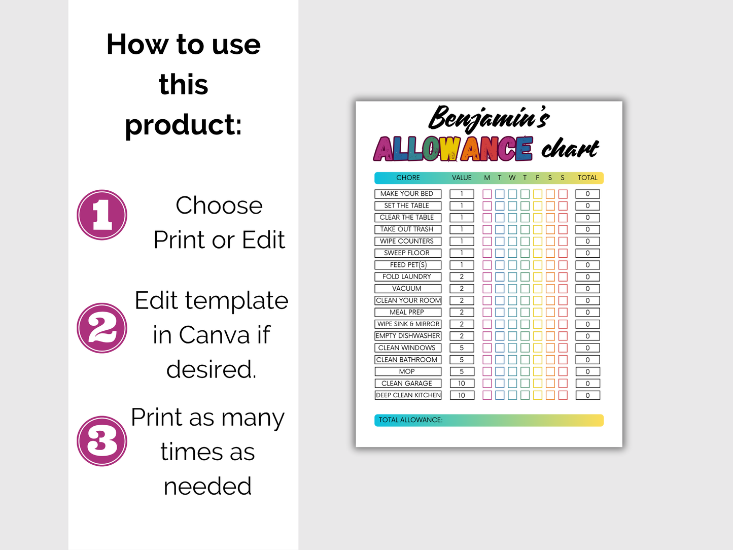 Editable Weekly Allowance Chore Chart