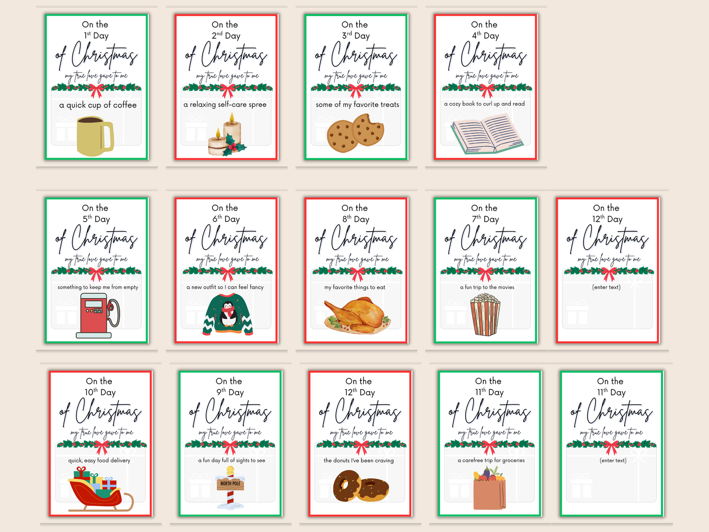 12 Days of Christmas Gift Card Book Editable