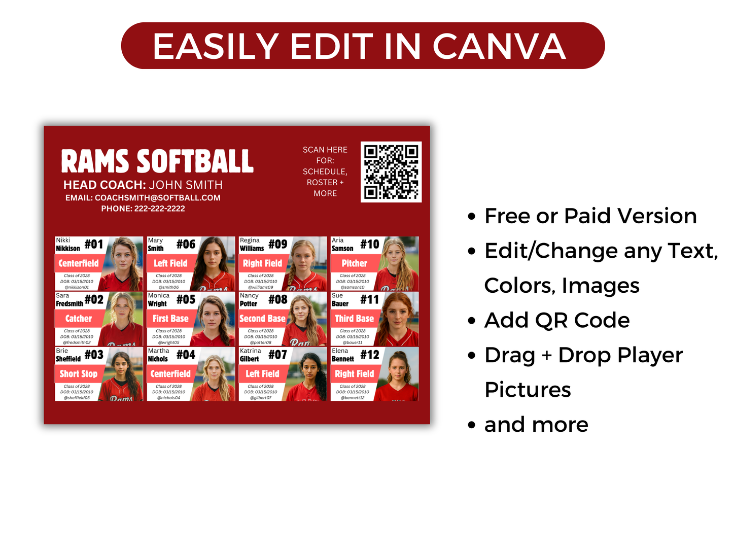 Editable 12 Player Team Roster Template
