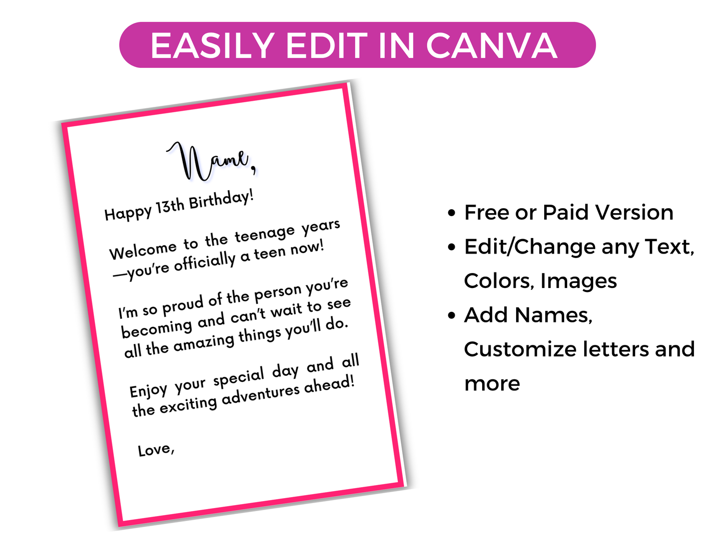 13th Birthday Gift Card Book Editable or Printable