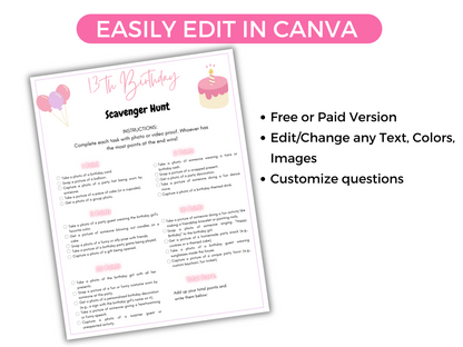 Editable 13th Birthday Scavenger Hunt